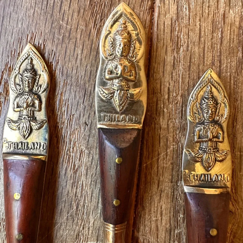 Vtg Thailand Brass Appetizer Flatware Set Buddha Wood Handle Gold 1960s Dining